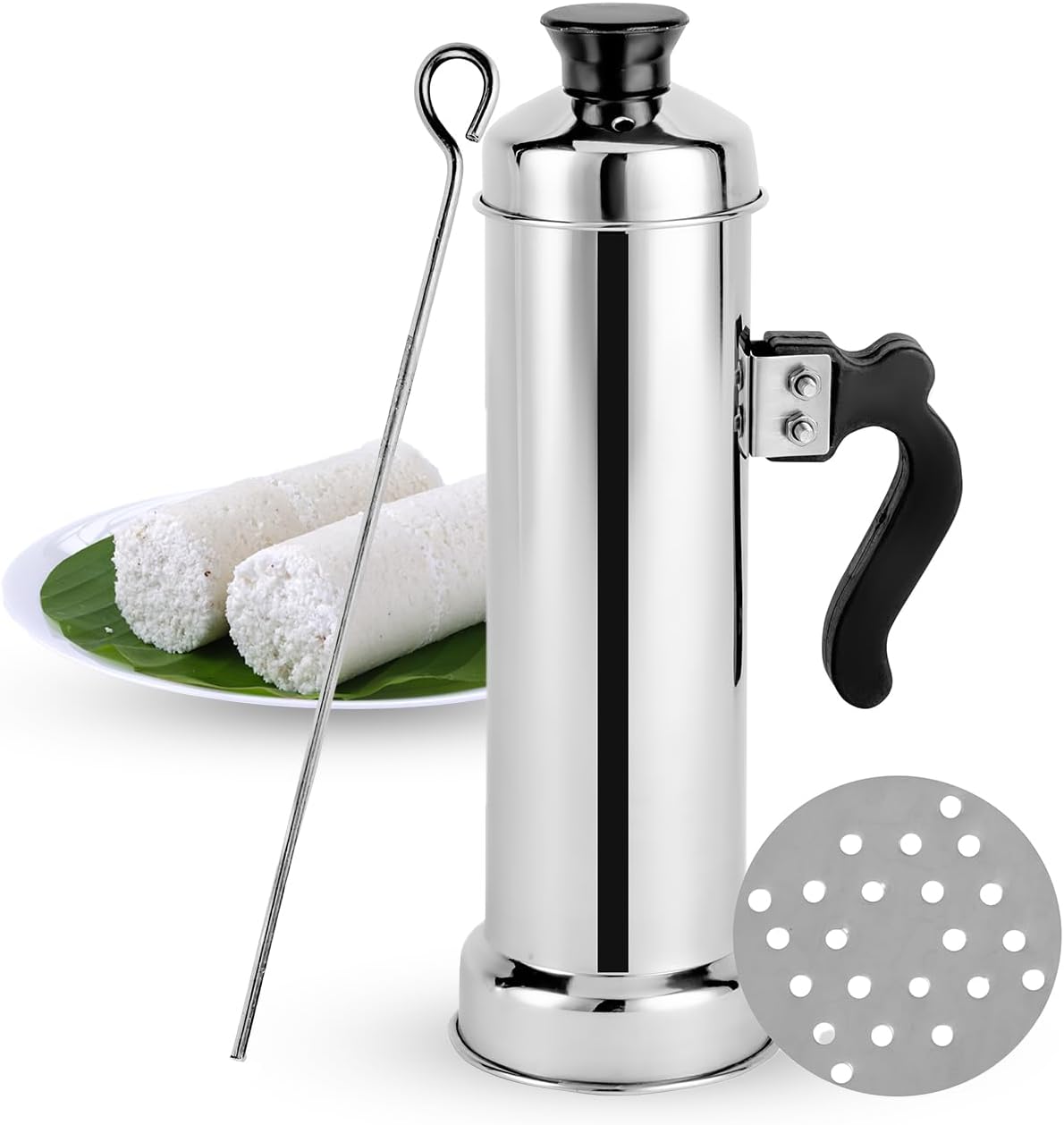 royalford pressure puttu maker stainless steel, premium quality food grade steel ensures healthy & hygienic cooking, unique compact design, dishwasher safe, sturdy bake lite handle silver, rf10294
