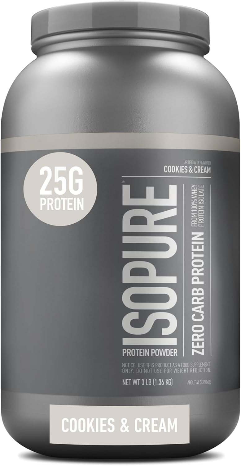 isopure zero carb whey protein isolate powder with vitamin c & zinc for immune support, 25g protein, & keto friendly cookies & cream, 3 lbs, 41 servings (1.36 kg)