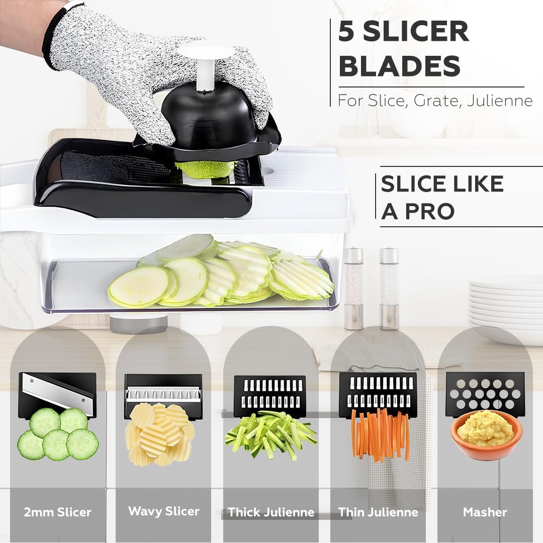 amroah 25 in 1 vegetable chopper 12 blades multifunction, kitchen veggie cutter food chopper with container slicer grater spiralizer for onion potato carrot egg cucumber tomato garlic