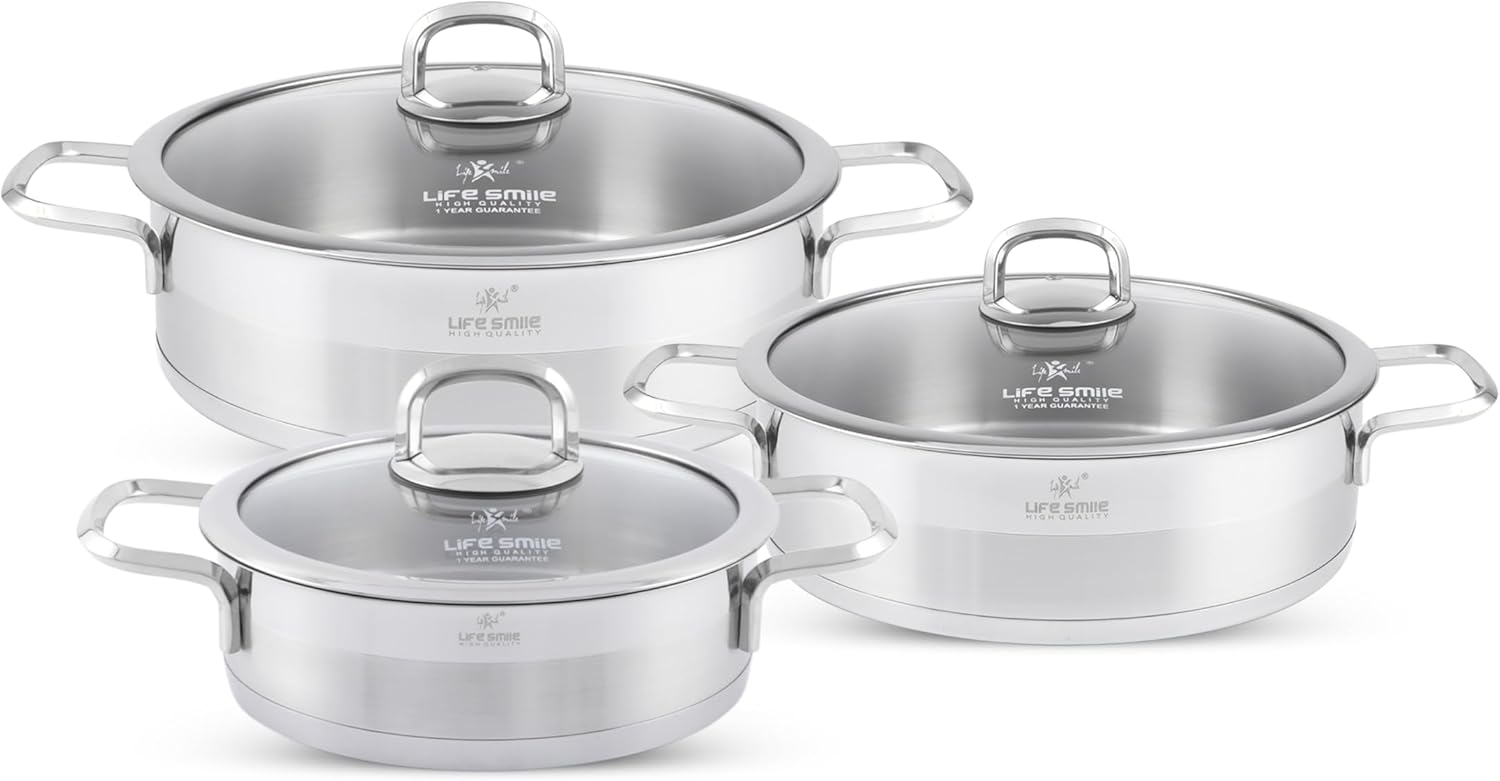 life smile shallow pot set with lid 18/10 pure stainless steel set 20/24/28 cm induction base thick double handle fry pan set non toxic, 100% pfoa, ptfe & pfos free silver handle oven safe