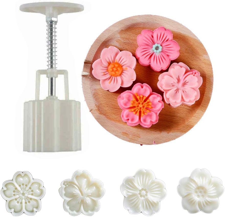 ylskmu moon cake mould set 4pcs 50g cookie stamps, cherry blossom floral mid autumn festival diy hand press cookie dessert cutter pastry decoration flower impressions tool mooncake maker