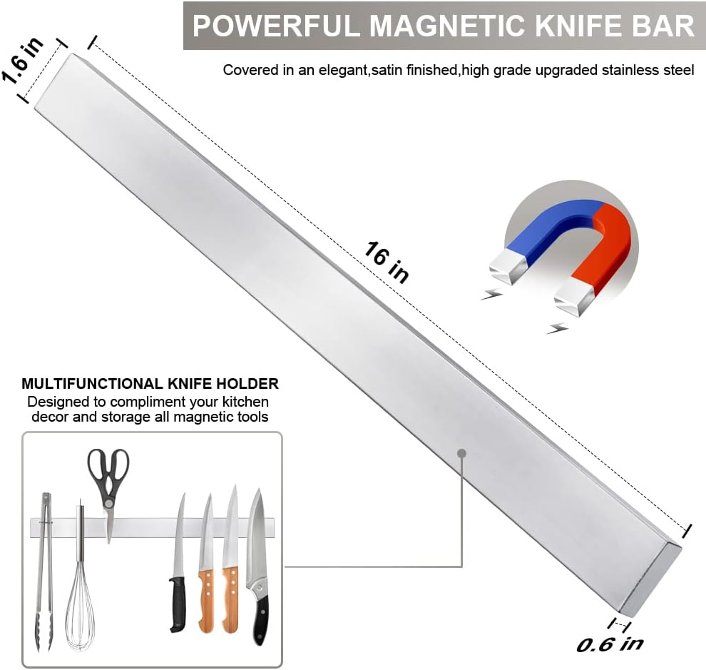 ninonly 40 cm magnetic knife strip, premium stainless steel wall mounted kitchen knives bar,space saving powerful no drilling magnetic knife rack for home kitchen utensil holder & tool holder