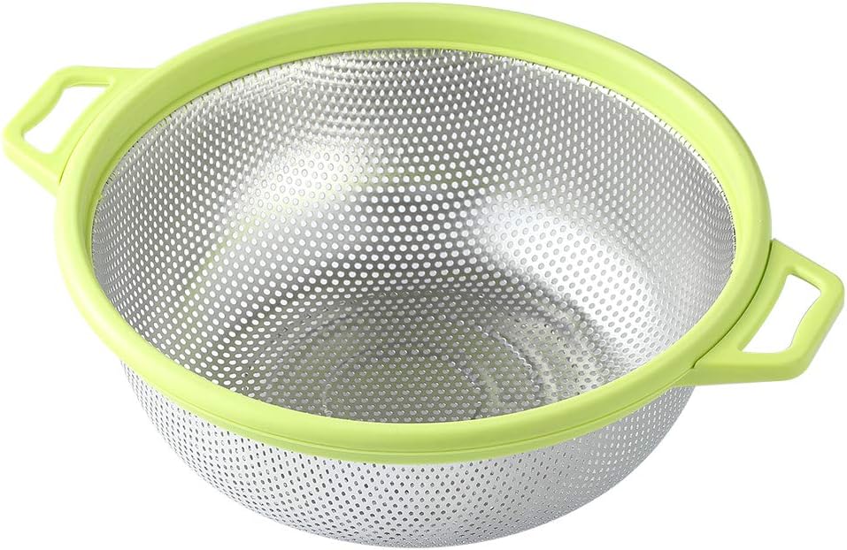 hiramware stainless steel colander with handle and legs, large metal green strainer for pasta, spaghetti, berry, veggies, fruits, noodles, salads, 5 quart 10.5” kitchen mesh colander, dishwasher safe