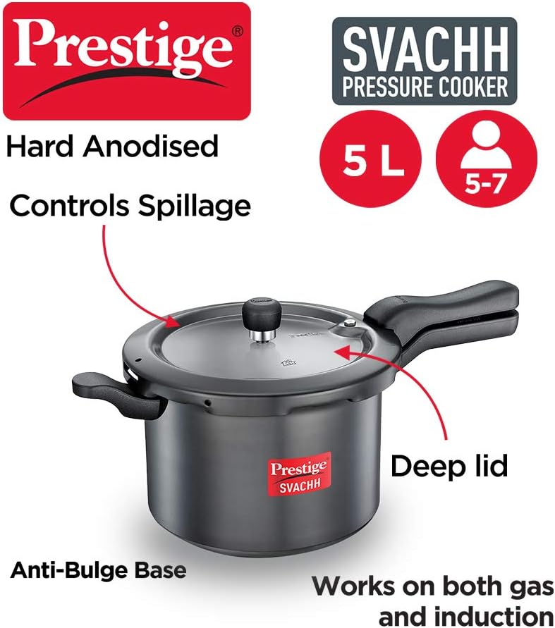 prestige svachh pressure cooker with hard anodised body 5 ltr | grey