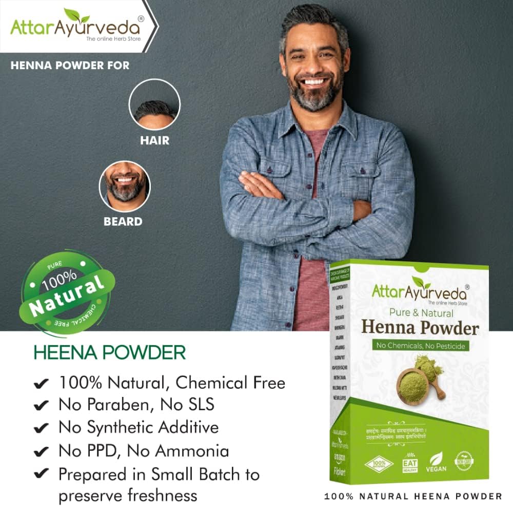 attar ayurveda natural henna powder for hair color and growth, reduce hair fall 100% natural no added preservative no chemical dye added 7 ounce