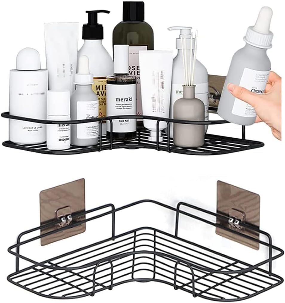sky touch 2pcs corner shower shelves，self adhesive no drilling wall mounted shower storage shelf organizer for your bathroom, kitchen and toilet，iron art，black