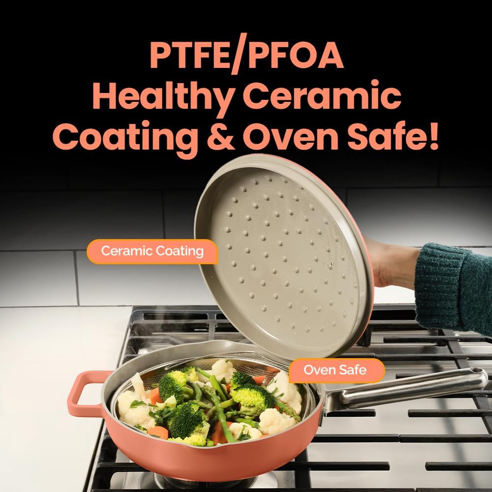 nutricook 1 pan 26cm,cast aluminum,w/self basting lid,steamer basket,silicone spatula,ceramic nonstick coating,oven safe,induction safe,designed in california,nc op126cs,canyon sunset,2 year warranty