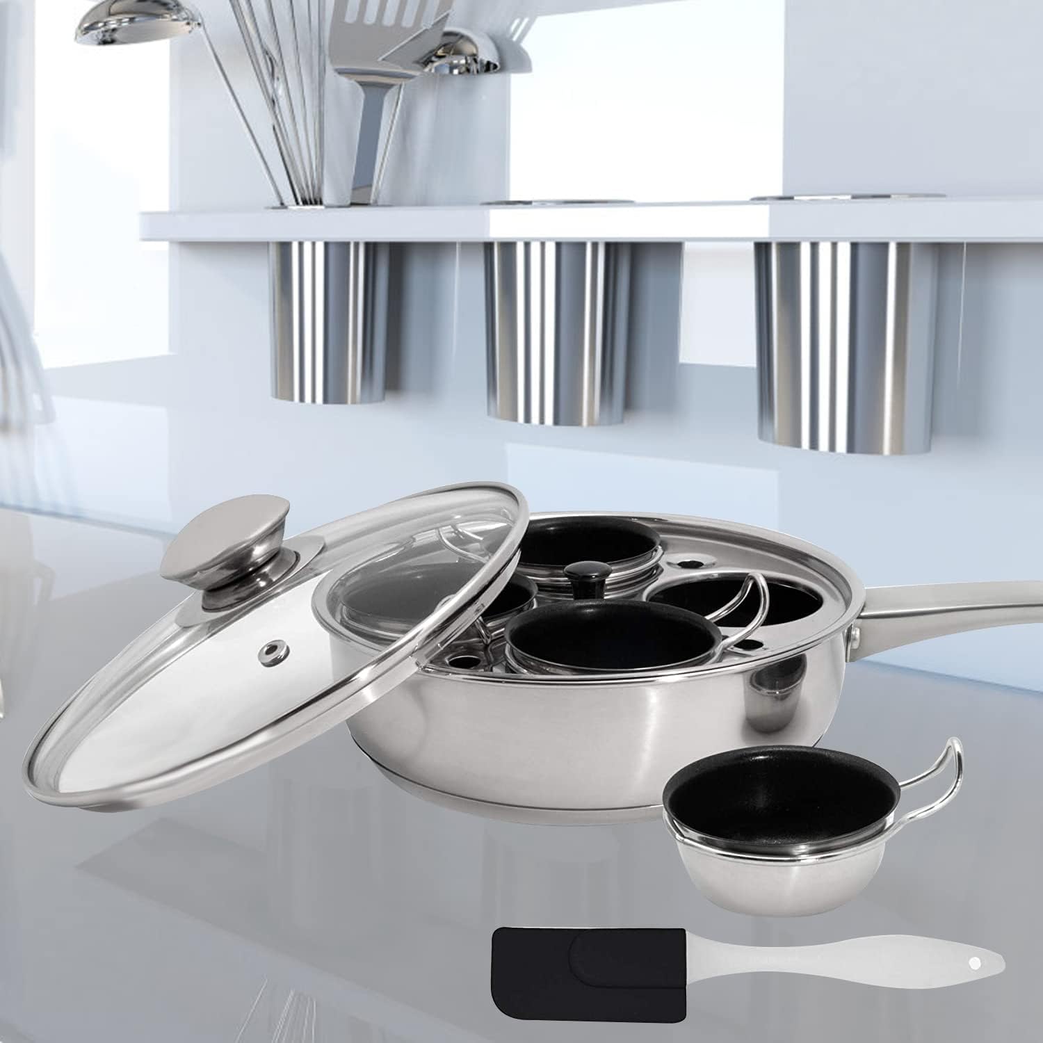 angju 4 cups egg poacher pan stainless steel poached egg cooker â€“ induction cooktop egg poachers cookware set with 4 nonstick large silicone egg poacher cups+free silicone spatula
