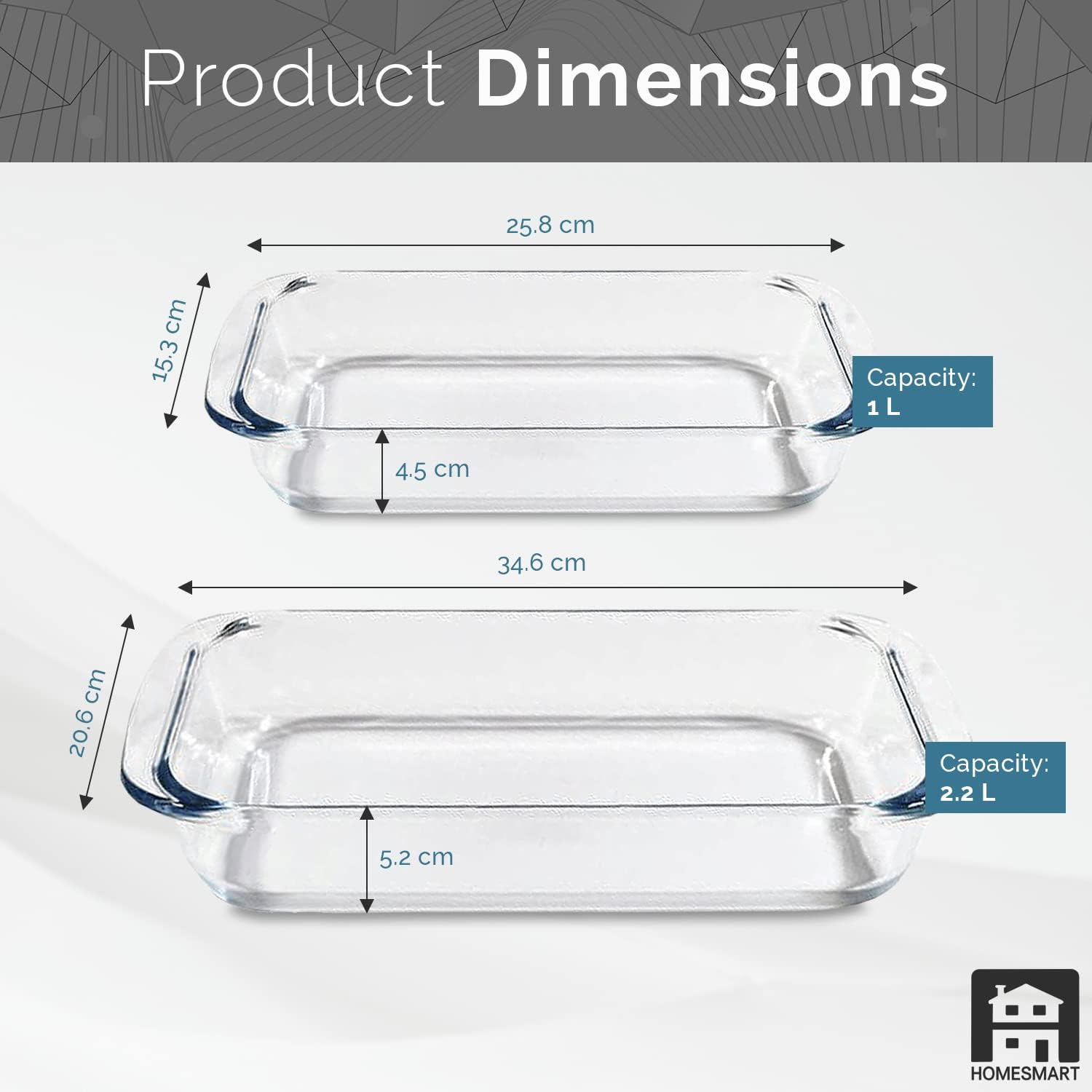 home smart 2pc bakeware glass casserole baking dish 1lt and 2.2lt | borosilicate glass rectangle roaster for multi purpose | premium baking dish