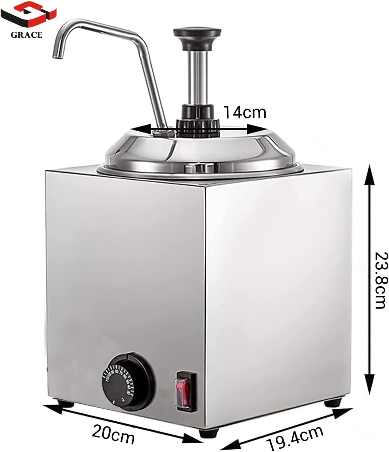 grace commercial electric cheese warmer dispenser, stainless steel pump chocolate heated pump and 30 110℃ temp adjustable 2.5 liters can for chocolate caramel cheese butter (gr spw 01 square)