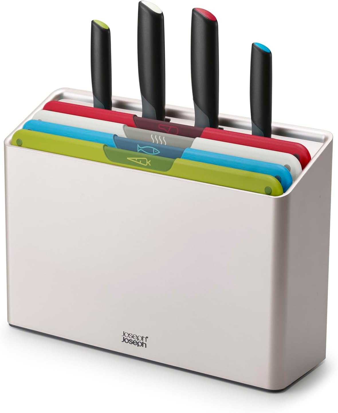 joseph joseph folio icon, 8 piece color coded knife and cutting board set, slimline case for organized kitchen storage large, silver