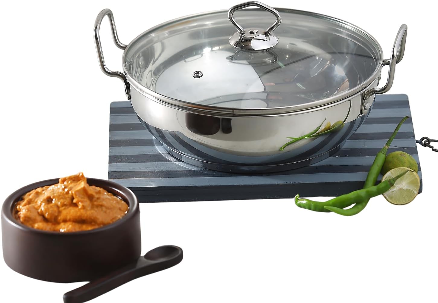 vinod stainless steel kadhai/cooking pot/wok with glass lid 1.7 litre, 20cm | extra thick, sas heavy bottom |induction & gas stove friendly|for cooking & deep frying