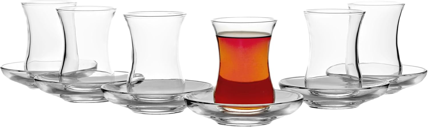 pasabahce turkish tea glass & saucer set design set of 6, 120 ml dishwasher safe turkish tea glasses transparent