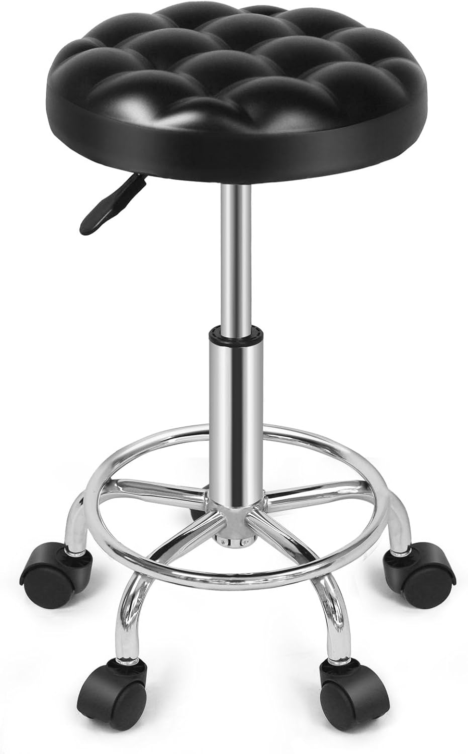 sky touch round rolling stool: vanity chair with pu leather height adjustable 360° swivel stool with wheels for office home drafting work studio shop spa salon