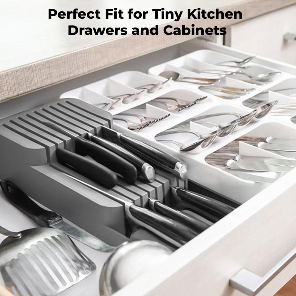amerteer knife drawer organizer | 2 tier plastic knife storage insert for kitchen drawers | compact & space saving knife holder for small and large knives | cutlery organizer for kitchen storage