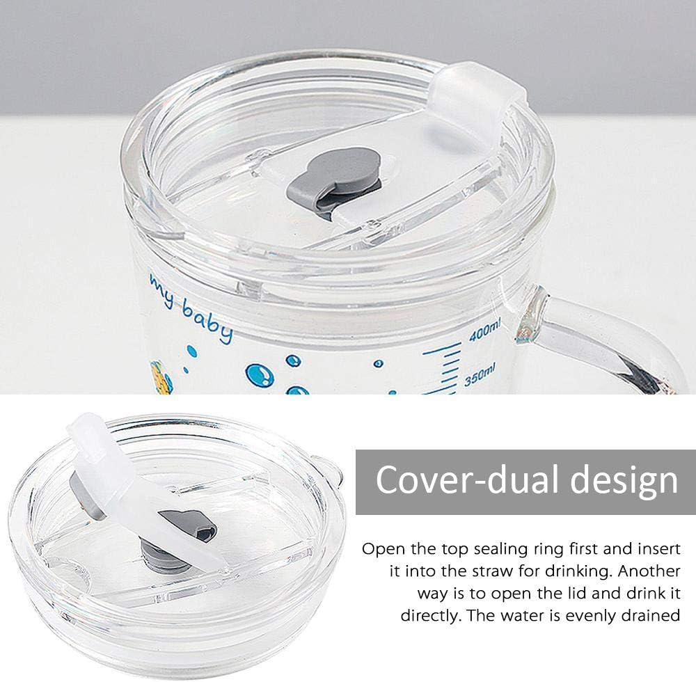 volwco heat resistant leak proof cute household drinking cup with lid and straw with scale for kids (transparent)