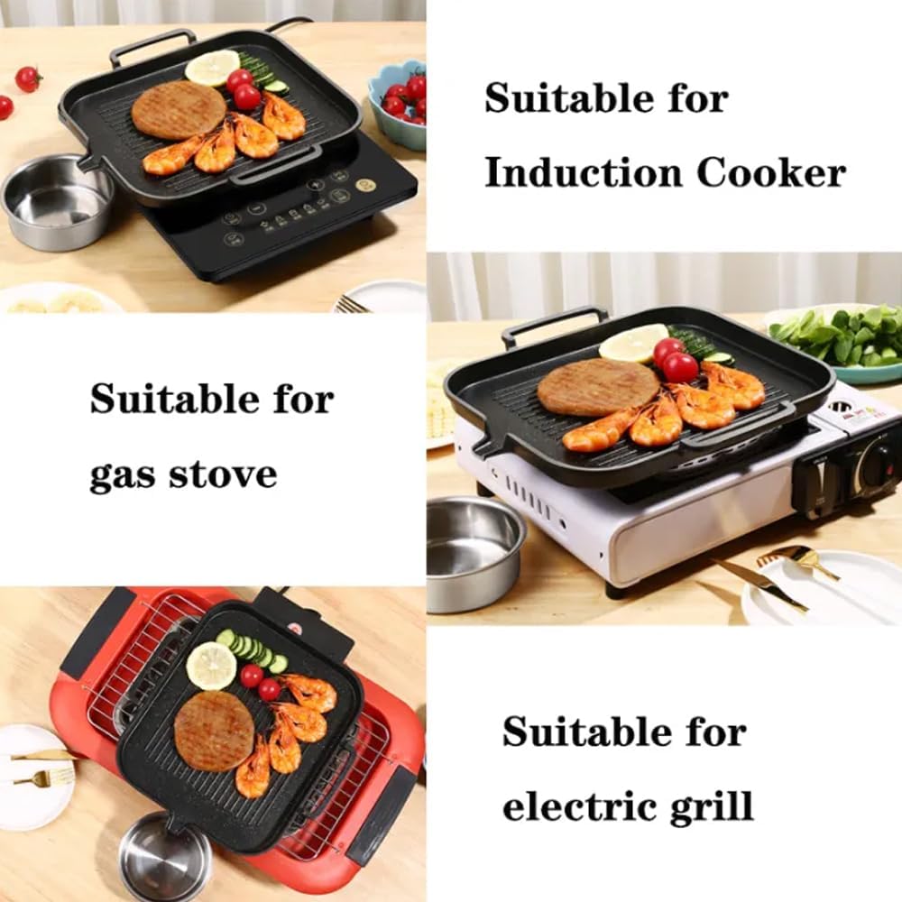 amerteer non stick bbq grill pan for barbecue & oven, aluminum griddle with grease drainage, compatible with induction cookers, ideal for steak, fish, vegetables (clip not included)