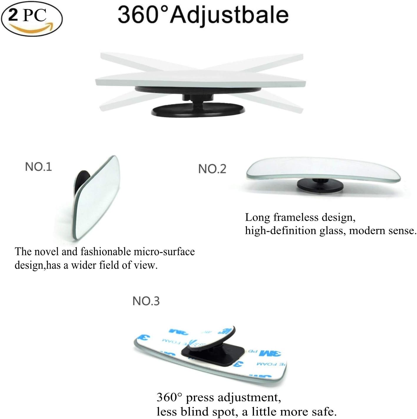2 pcs blind glass mirror auto mirror blind side mirror 360° wide angle adjustable