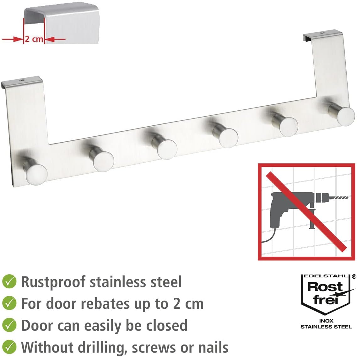 wenko, 6 hook door mounted clothes rack, stainless steel, space saving coat hangers for home bedroom, house space savers, 39x11x5.5cm, matt