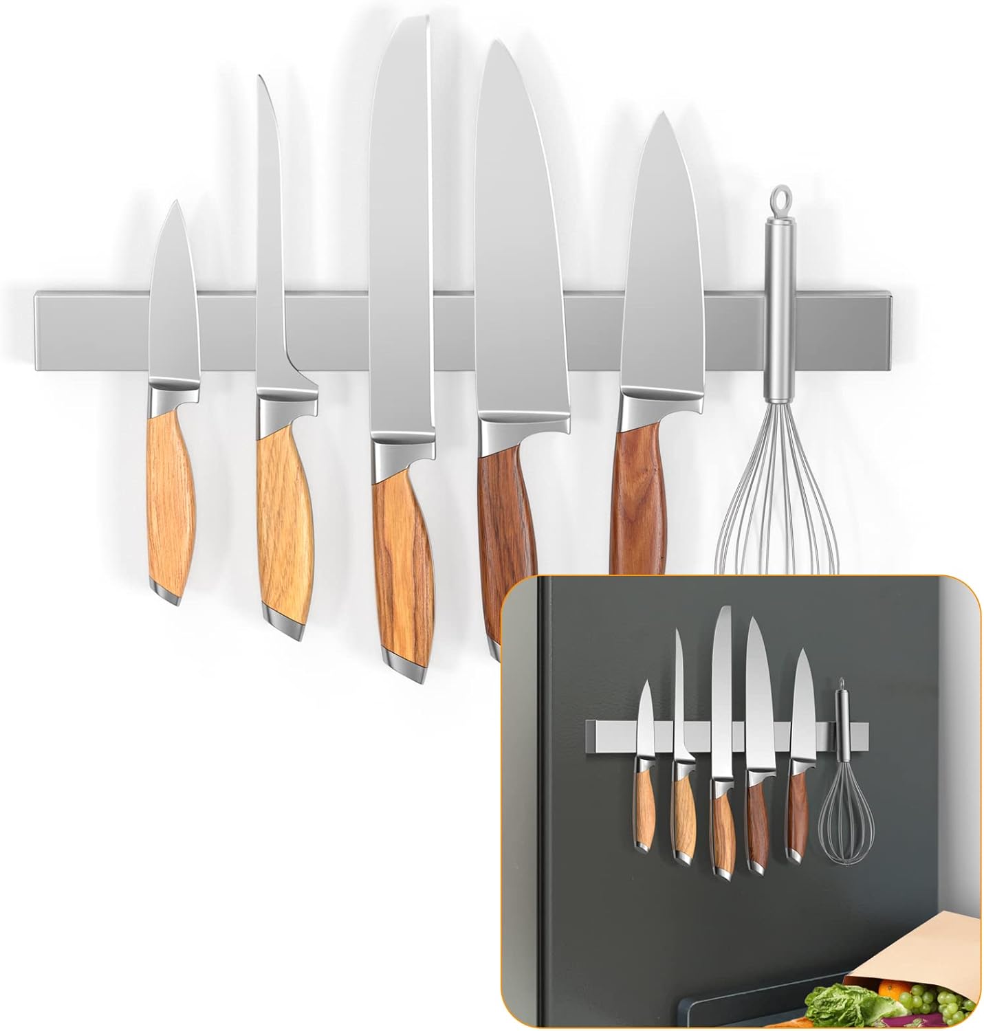 ninonly 40 cm magnetic knife holder for refrigerator, stainless steel double sided magnet knife strip for wall, no drilling magnetic knife rack with powerful magnetic pull force fridge applicable