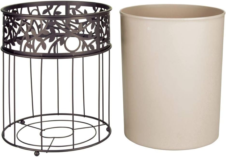idesign vine metal and plastic wastebasket trash can garbage can for bathroom, bedroom, home office, kitchen, patio, dorm, college, vanilla tan and bronze