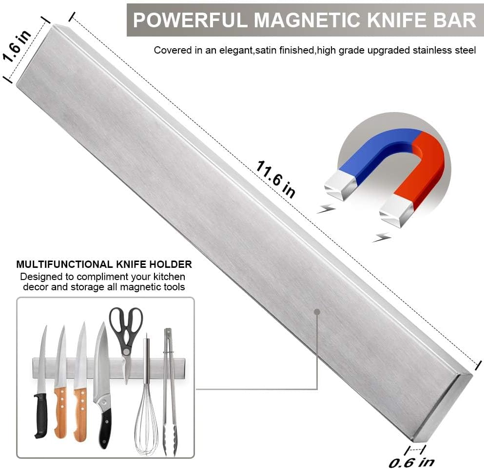 ninonly 30 cm magnetic knife strip, premium stainless steel wall mounted kitchen knives bar,space saving powerful no drilling magnetic knife rack for home kitchen utensil holder & tool holder