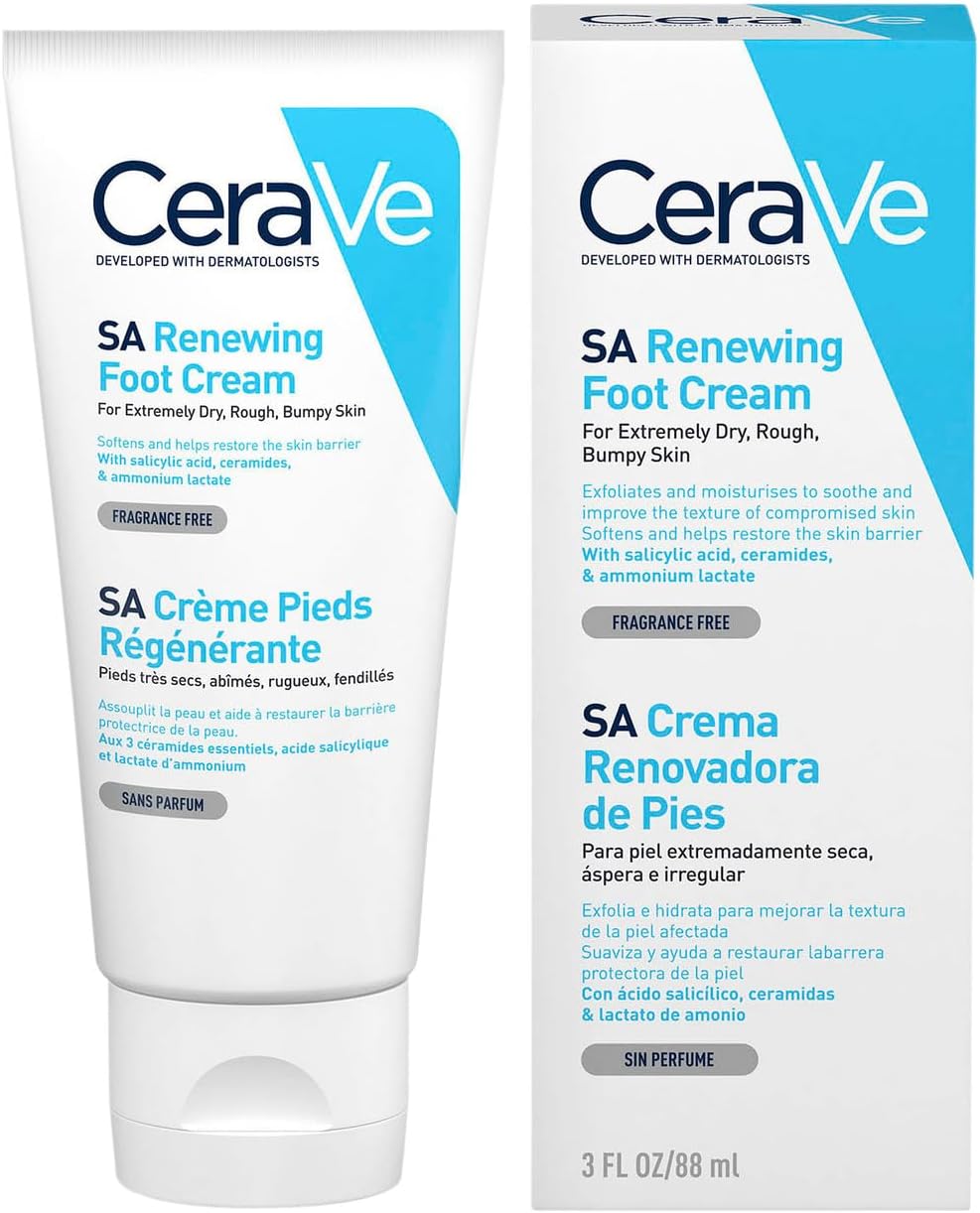 cerave sa renewing foot cream | foot cream for dry, rough, cracked feet with salicylic acid and ceramides | fragrance free | 3oz, 88 ml