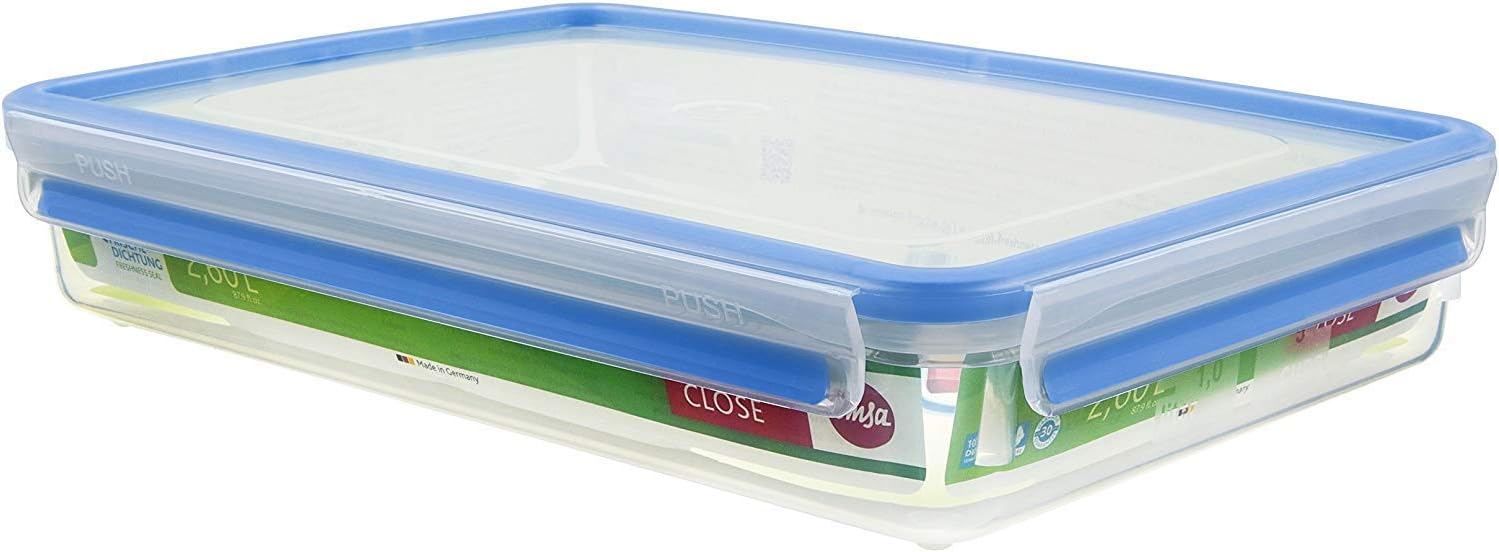 emsa 508545 clip & close rectangular food storage container 2.6 litres, transparent/blue
