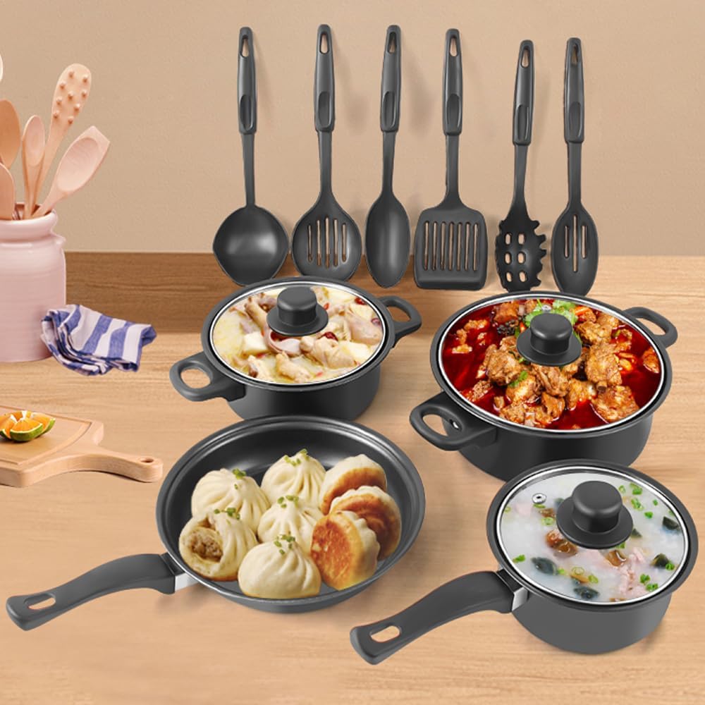 non stick pots and pans set 13 piece kitchen non stick cookware set, black thirteen piece set of pot, non stick soup pot, milk pot, frying pan, multiple piece set of pot (black e)