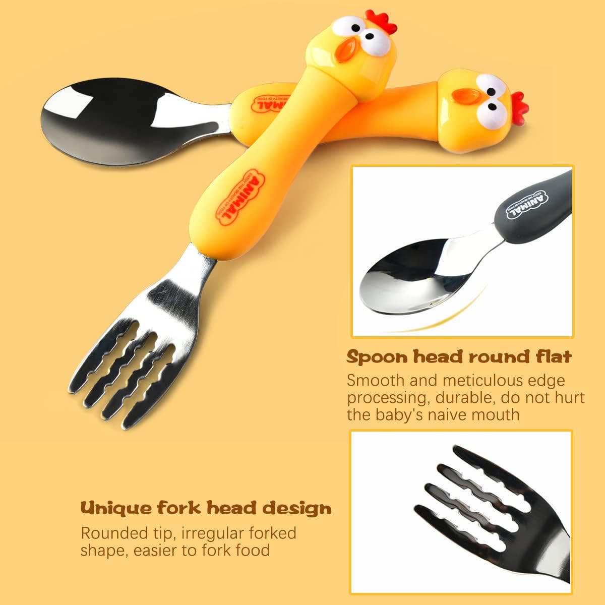 ibama cartoon toddler utensils cute animal stainless steel children's tableware set student fork and spoon two piece creative cutlery set with portable travel case for girls boys kids chick yellow