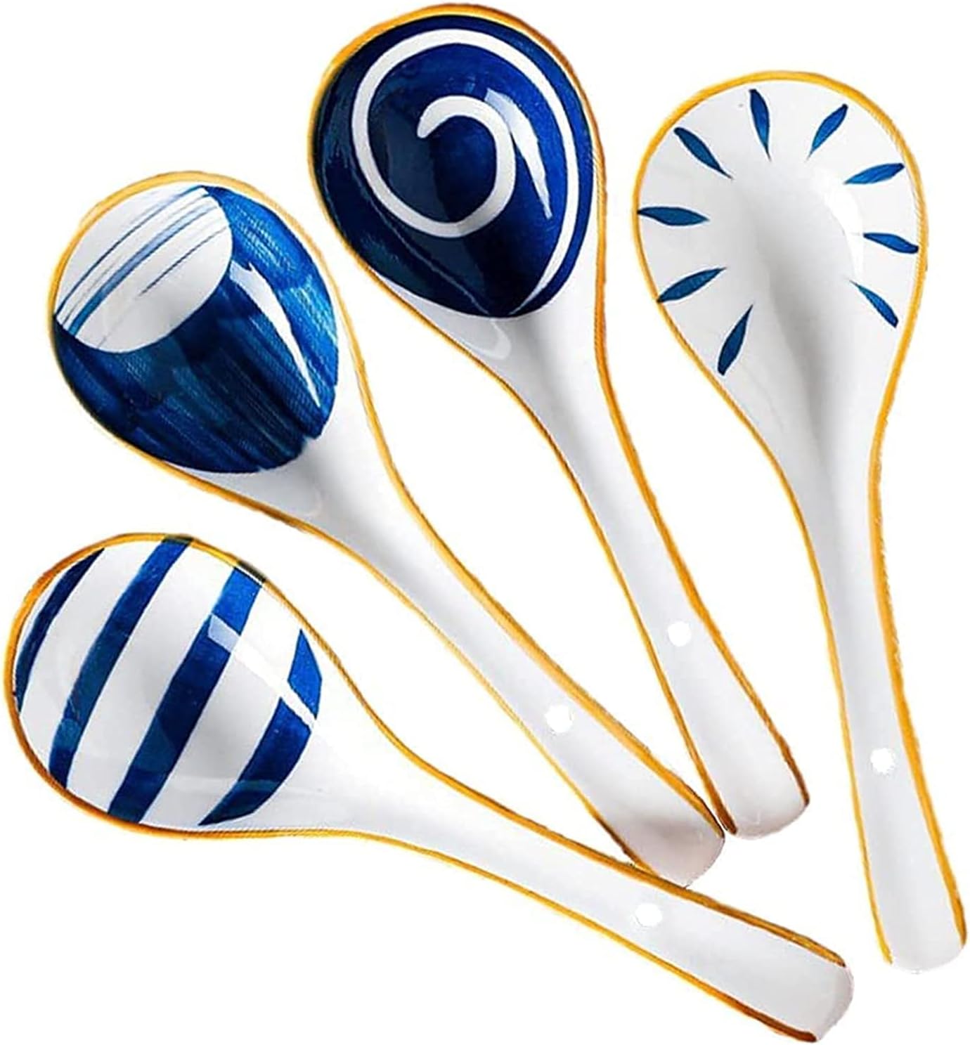 elecdon soup spoons, asian japanese chinese won ton soup spoon for soba, rice pho, ramen, noodle, korean style large spoon with long handle notch and hook style 4 piece