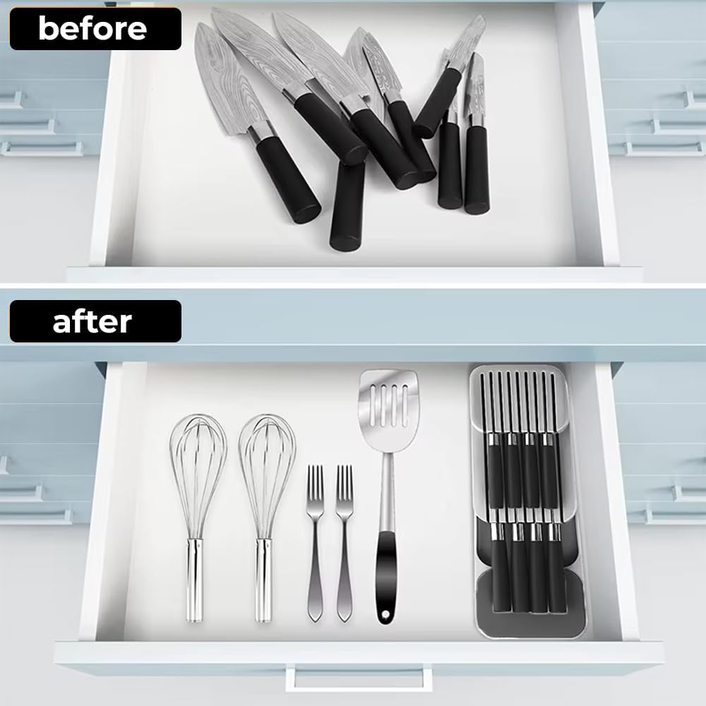 amerteer knife drawer organizer | 2 tier plastic knife storage insert for kitchen drawers | compact & space saving knife holder for small and large knives | cutlery organizer for kitchen storage
