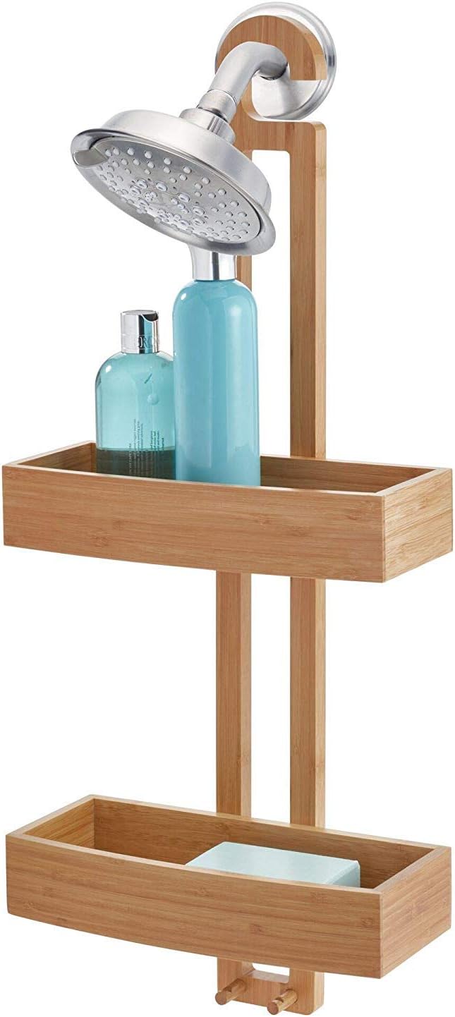 idesign formbu bamboo hanging shower caddy for shampoo, conditioner, and soap with hooks for razors, towels, loofahs, and more, 11.05" x 5.32" x 26.68", natural beige