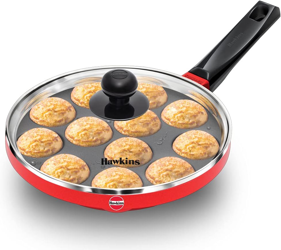 hawkins 22 cm appe pan, non stick paniyaram pan with glass lid, 12 cups paniyarakkal ceramic pan, litti pan, kuzhi paniyaram pan, ponganalu pan, red (nape22g)
