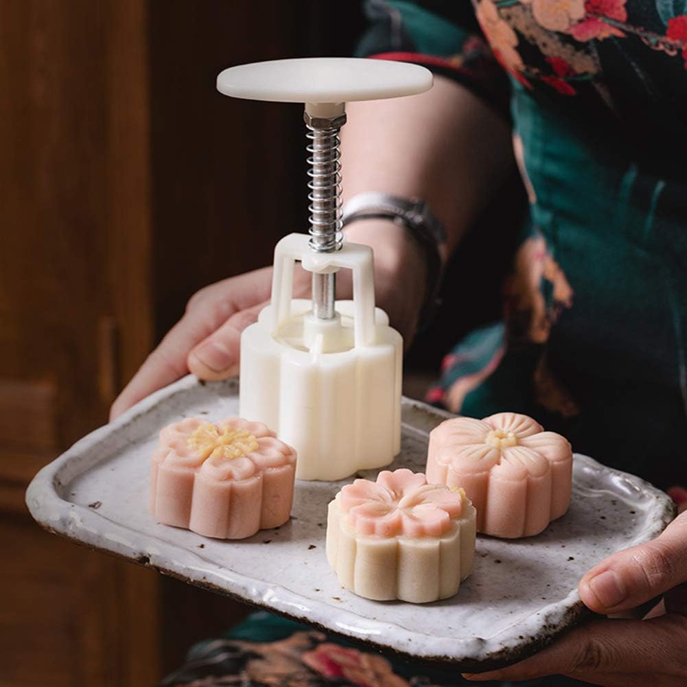 ylskmu moon cake mould set 4pcs 50g cookie stamps, cherry blossom floral mid autumn festival diy hand press cookie dessert cutter pastry decoration flower impressions tool mooncake maker