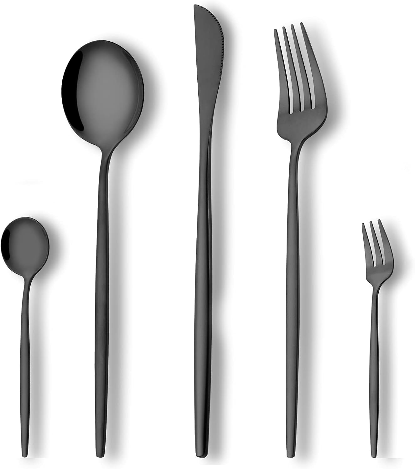 laienlife black silverware set 20 piece, stainless steel flatware set service for 4, unique utensils with fork and spoon teaspoon, mirror black cutlery set, silverware for home party kitchen