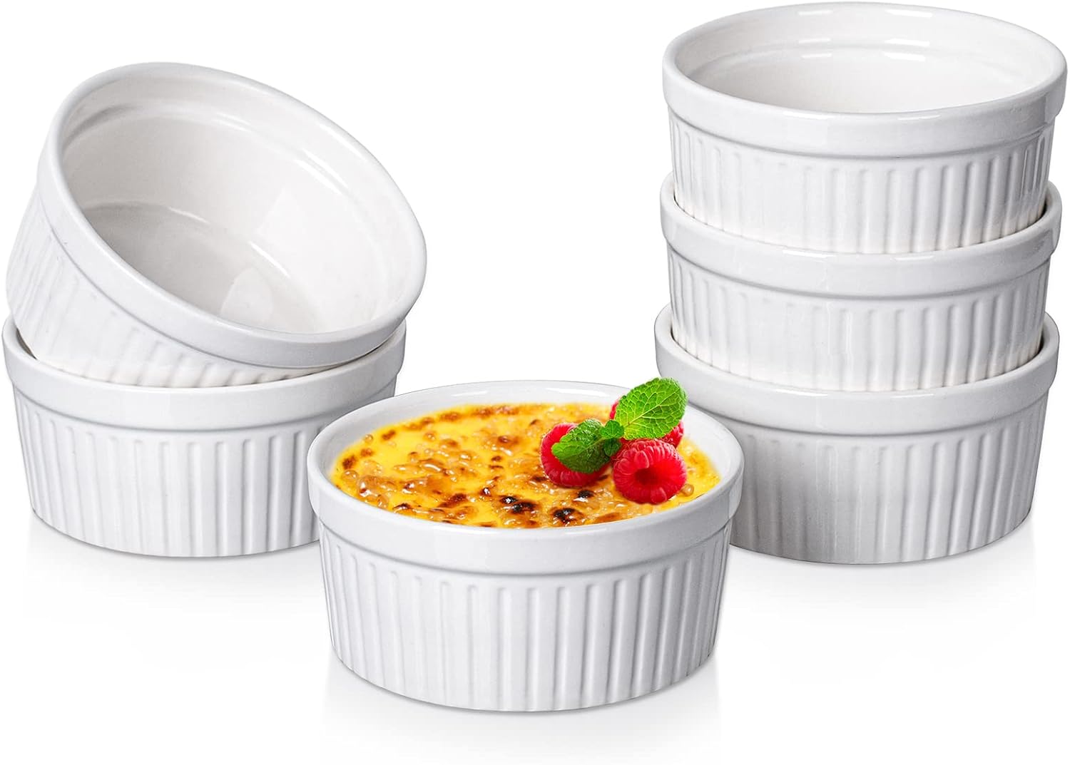 delling ramekins 8 oz oven safe/dessert/ice cream/snacks bowls, small ceramic creme brulee dishes for baking, souffle, pudding, white set of 6