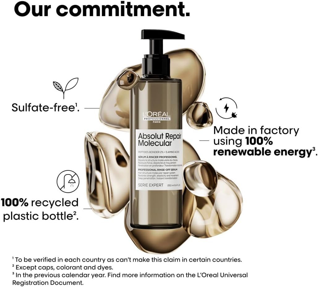 l’oréal professionnel | absolut repair molecular hair rinse off serum, repair damage & restore strength, deep molecular repair & instant transformation, for all damaged hair types, serie expert, 250ml