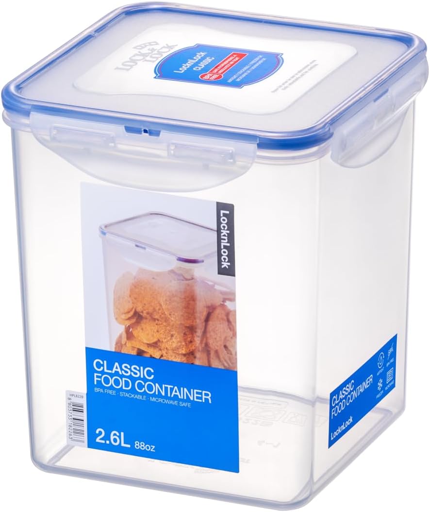 locknlock hpl822b, airtight tall food storage container, 88 oz, square, clear blue
