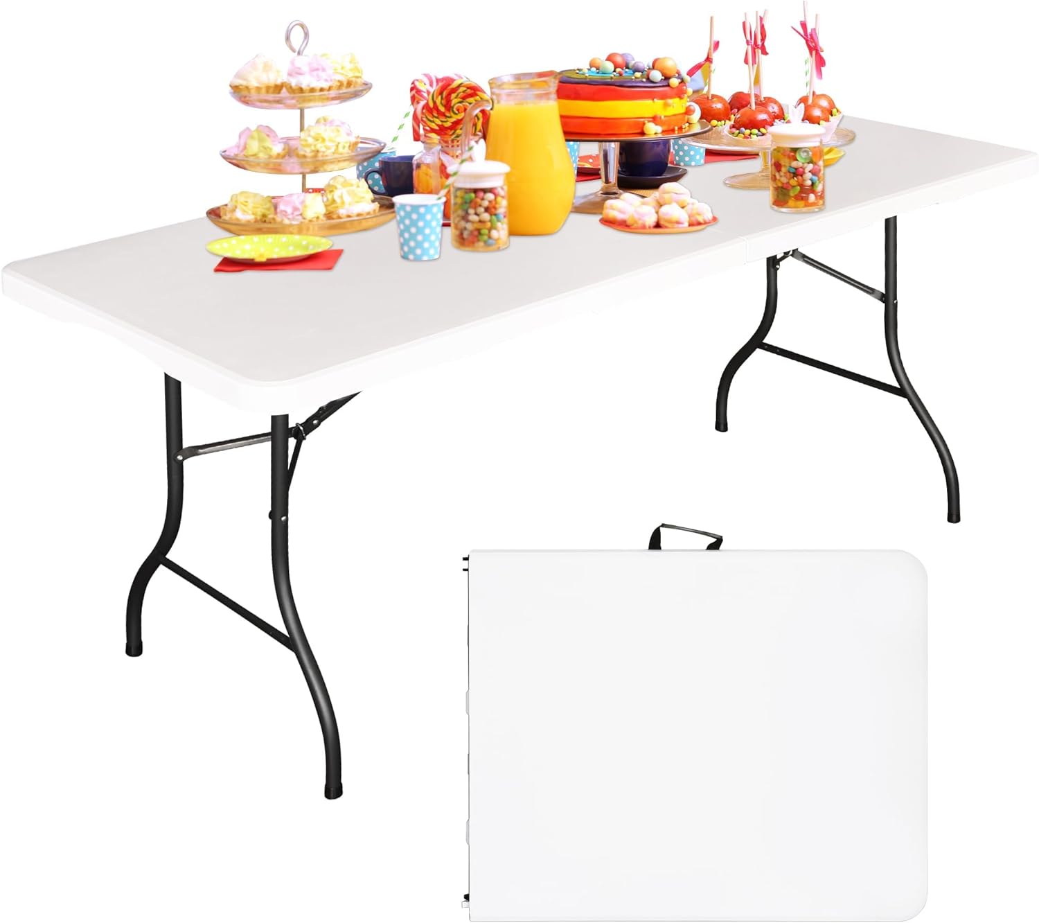 moment [1.8m] folding lightweight trestle outdoor camping table,heavy duty plastic outdoor folding picnic table,folding trestle table for bbq party, folds in half with carry handle,white[180×75×75cm]