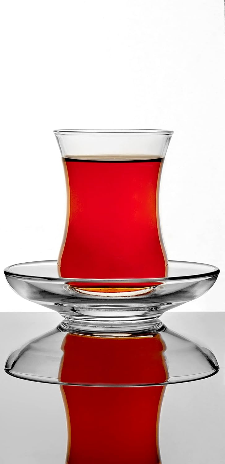 pasabahce turkish tea glass & saucer set design set of 6, 120 ml dishwasher safe turkish tea glasses transparent
