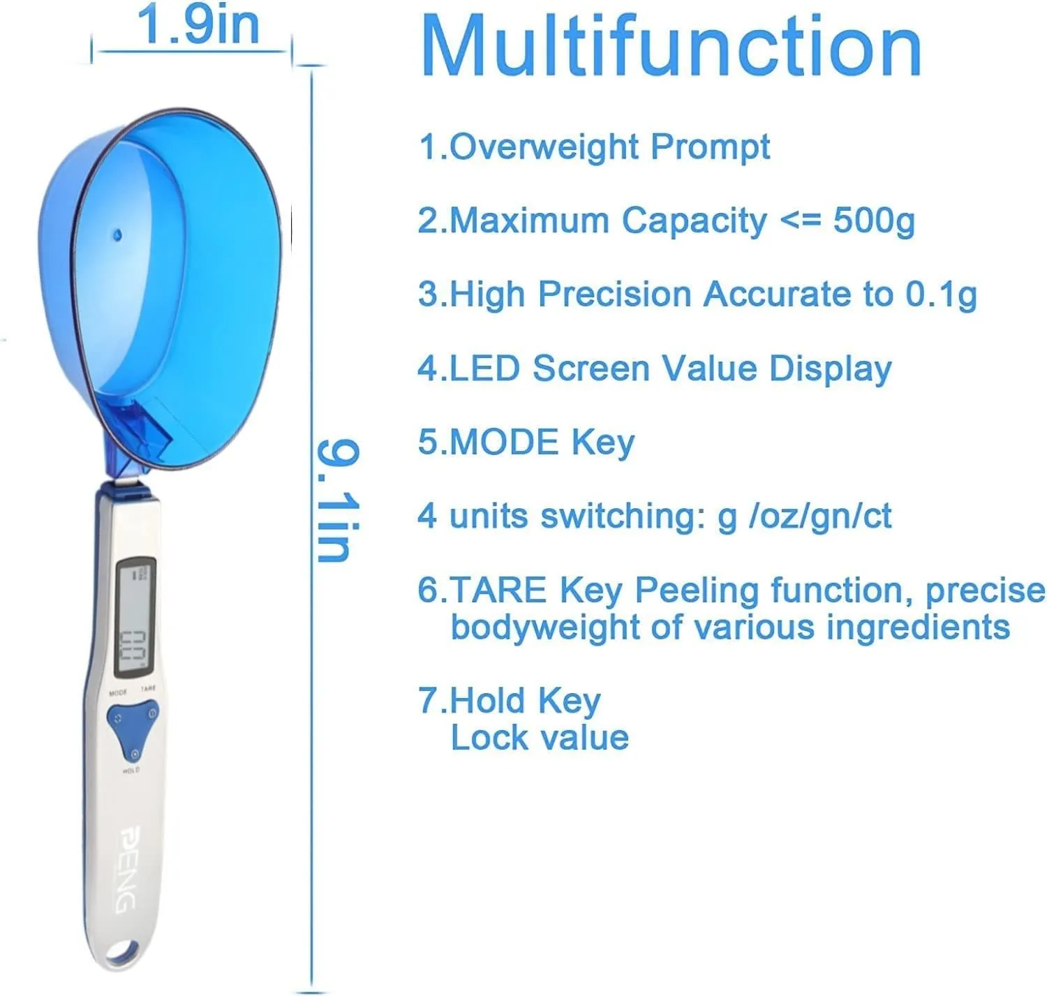 Peng General Digital Spoon Scale 500g/0.1g with 3 Measuring Spoons Weighing - Stainless Steel Food Measuring Scale, Small Baking Scale with LCD Display (Spoon Style)