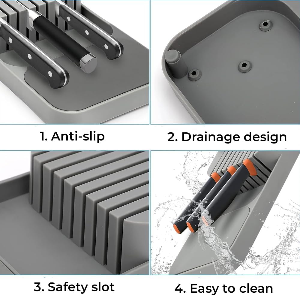 amerteer knife drawer organizer | 2 tier plastic knife storage insert for kitchen drawers | compact & space saving knife holder for small and large knives | cutlery organizer for kitchen storage