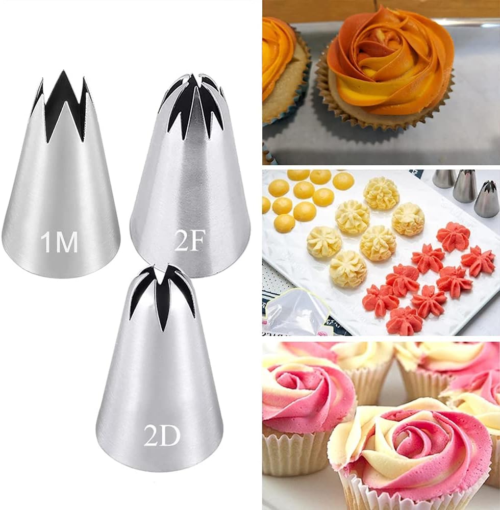 bmaacye icing piping tip set,3 large decorating tips stainless steel,diy cream rose flower piping tips,cupcake pastry tips for cake decorating(1m 2d 2f)