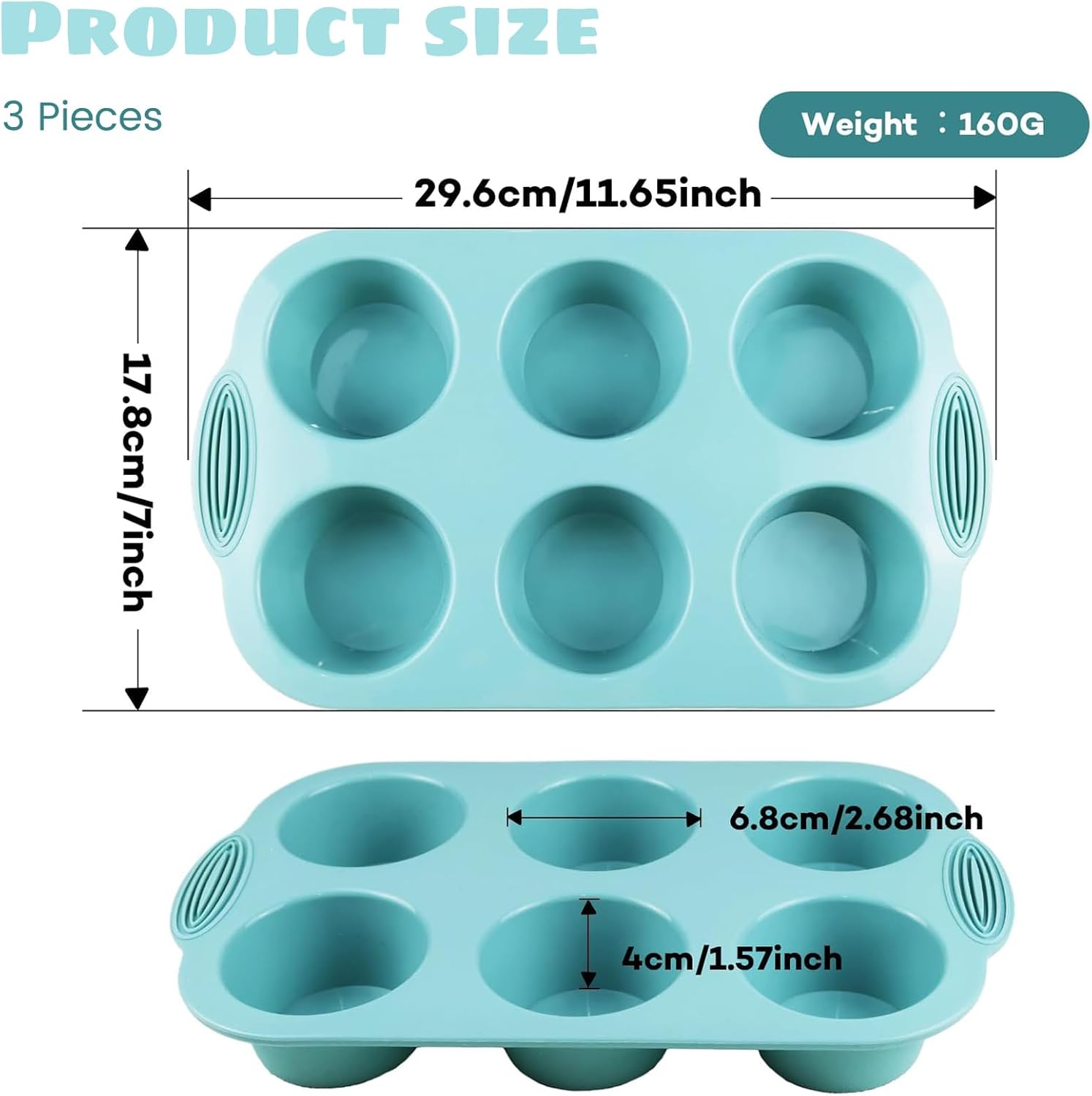 spnor silicone muffin pan, 6 cavity nonstick baking tray for muffins, cupcakes, brownies and more, food grade pack of 3 colors