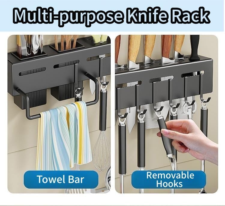 kitchen knife rack, wall mounted knife holder kitchen wall shelf heavy duty spoon organizer, cutlery holder with 8 hooks & towel rack, multi purpose knife organizer for kitchen, restaurant
