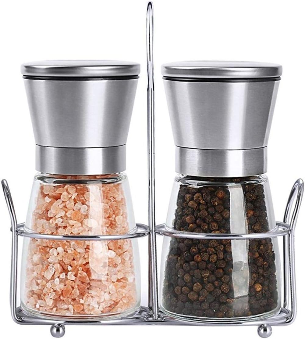 set of salt and pepper grinder 2 pack salt and pepper shakers with stand stainless steel spice grinder mill for adjustable coarseness