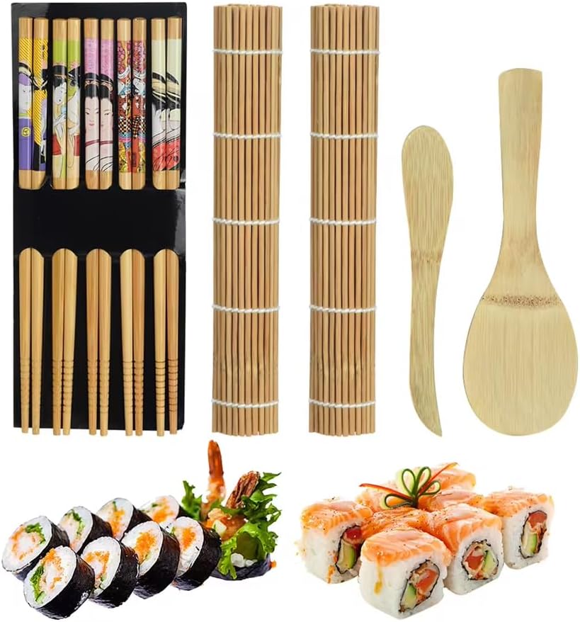 amerteer sushi making kit, bamboo sushi maker kit 9 pcs sushi rolling kit includes 2 sushi curtain, 1 spoon, 1 sushi blade, 5 pairs of chopsticks, easy to use sushi making kit for beginners