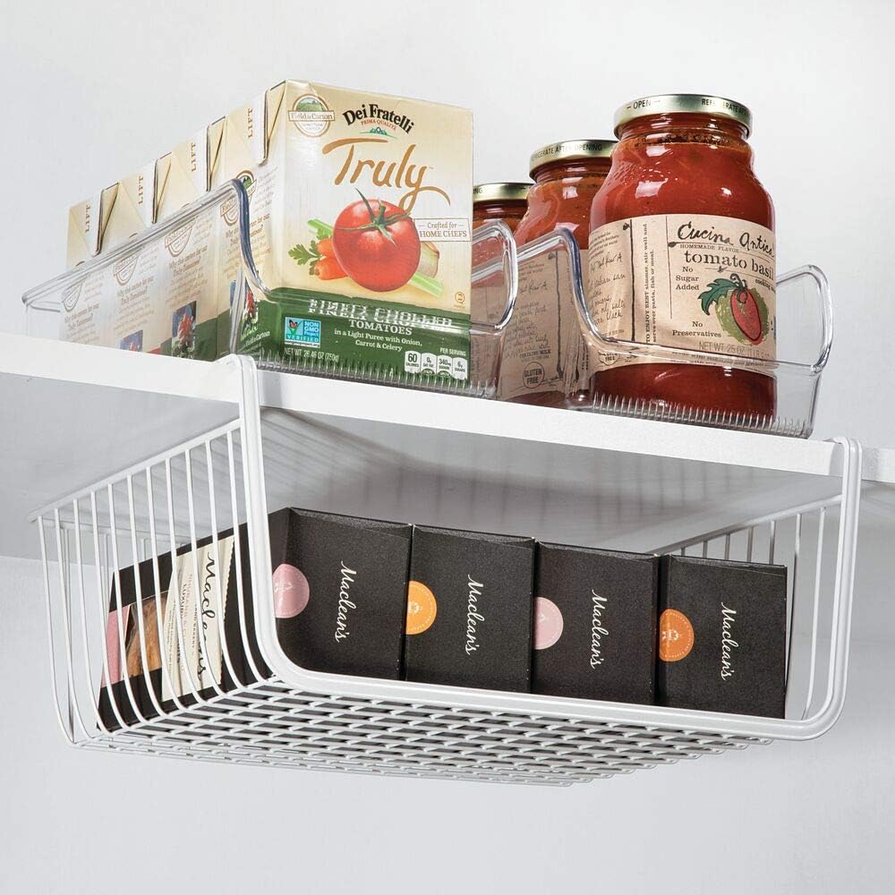 mdesign household metal under shelf hanging storage bin basket with open front for organizing kitchen cabinets, cupboards, pantries, shelves large, 2 pack white