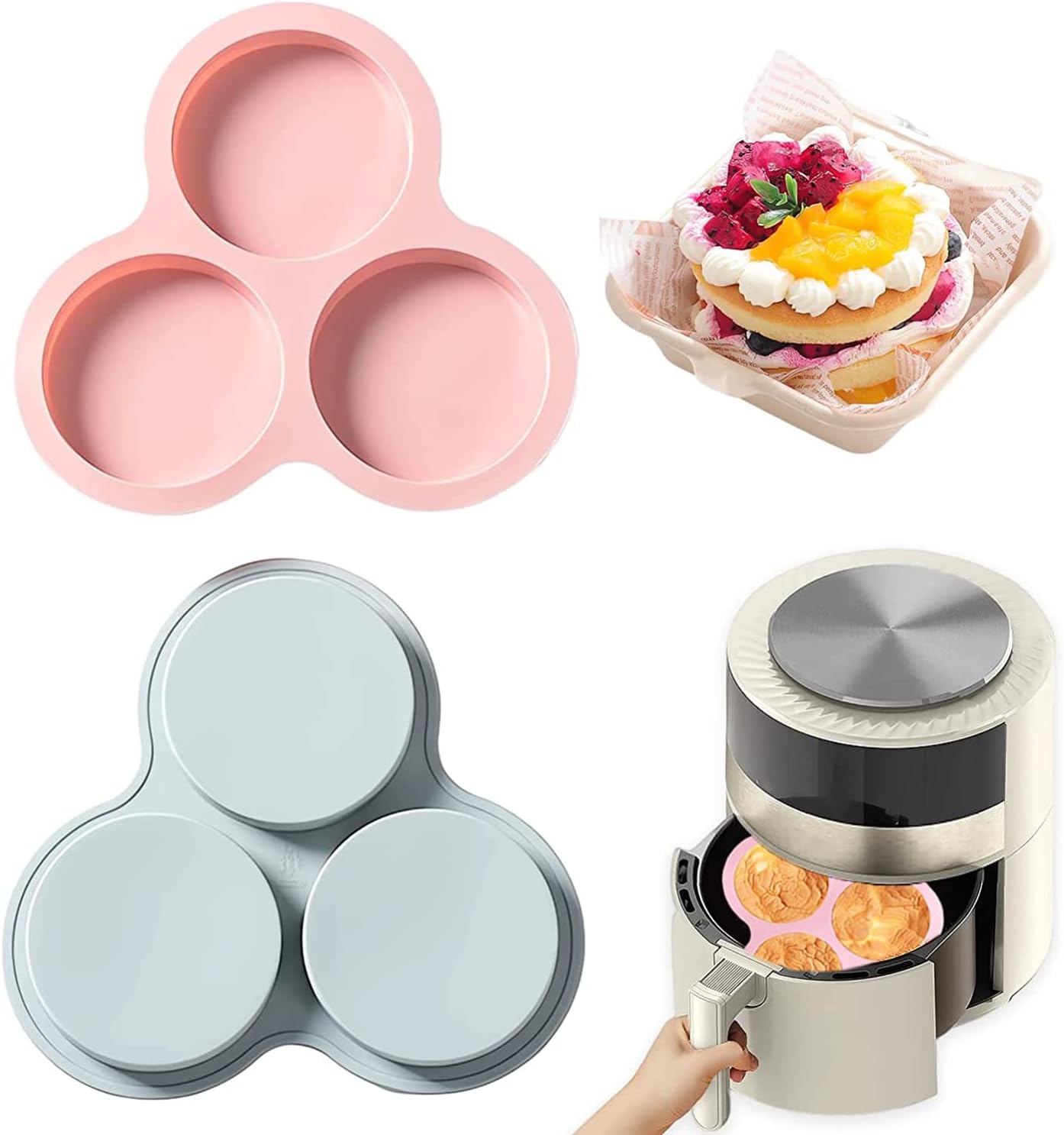 angju 2pcs silicone air fryer egg mold, muffin top pans for baking egg bite mold, reusable cupcake pan pancake molds, 3 cavity air fryer egg pan for baking, air fryer accessories